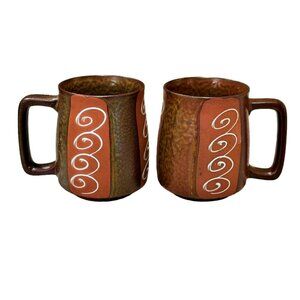 Brown Mission Craftsman Style Hand-painted White Swirls 2 Coffee Mugs Stoneware